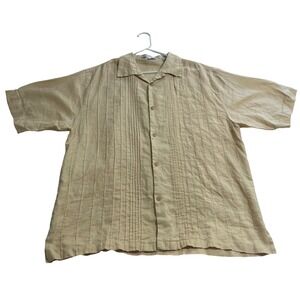 Lorenier Mens XL Yellow 100% Linen Short Sleeve Pintuck Pleated Guayabera Shirt
